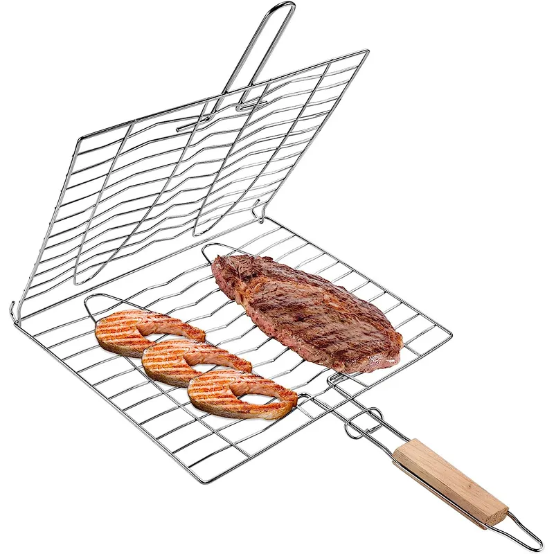 Folding Portable Fish Grilling Basket with Handle Barbecue Grill Baskets